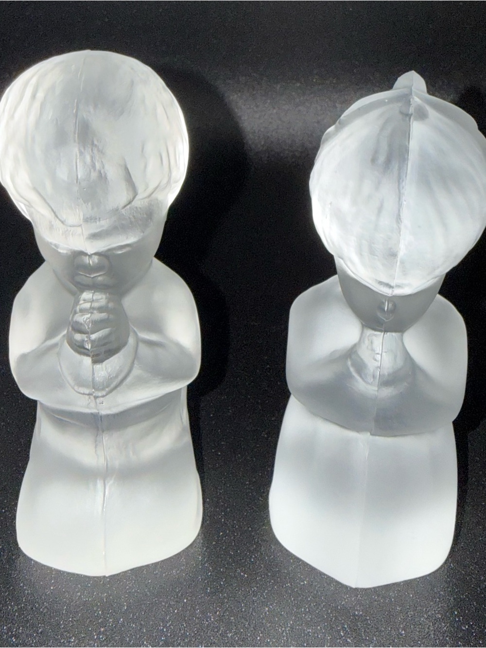 Set of 2 - Vintage 1990s FENTON Art Glass Clear Satin Praying Children Boy Girl